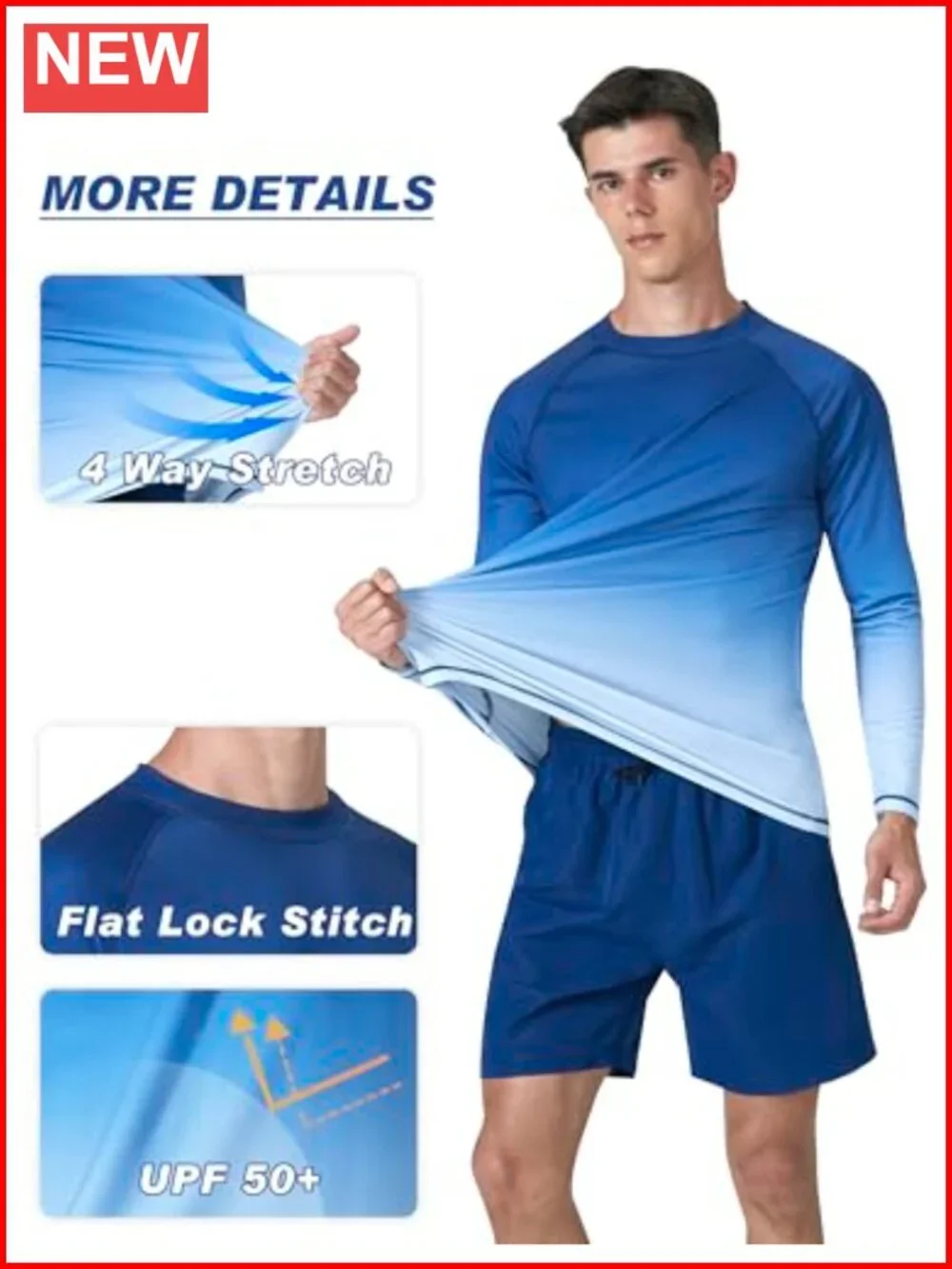 UPF 50+ Long Sleeve Rash Guard Quick Dry Swim Shirt Men Stretchy